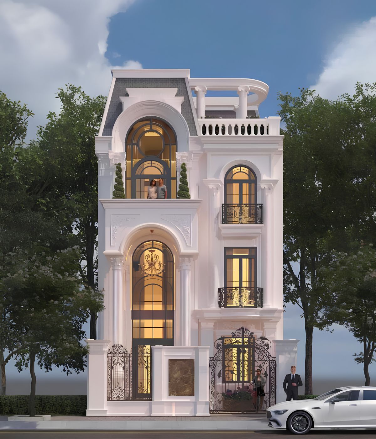 Mẫu Biệt Thự 3 Tầng 8x12m Sang Trọng & Báo Giá Thi Công Trọn Gói 2026 12 Phối cảnh 3D giúp kiểm soát chính xác tỷ lệ cột, phào chỉ và mái của biệt thự 3 tầng 96m² (Ảnh: Sưu tầm)