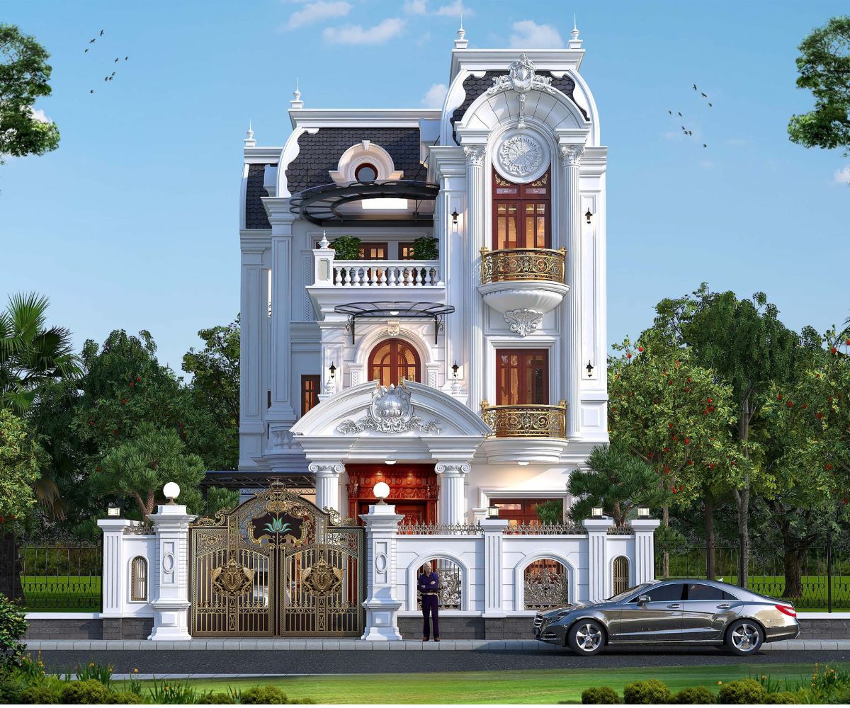 Mẫu Biệt Thự 3 Tầng 8x12m Sang Trọng & Báo Giá Thi Công Trọn Gói 2026 13 Nhà biệt thự 3 tầng 8x12m kiến trúc Pháp nổi bật với bố cục đối xứng và sảnh chính trang trọng (Ảnh: Sưu tầm)