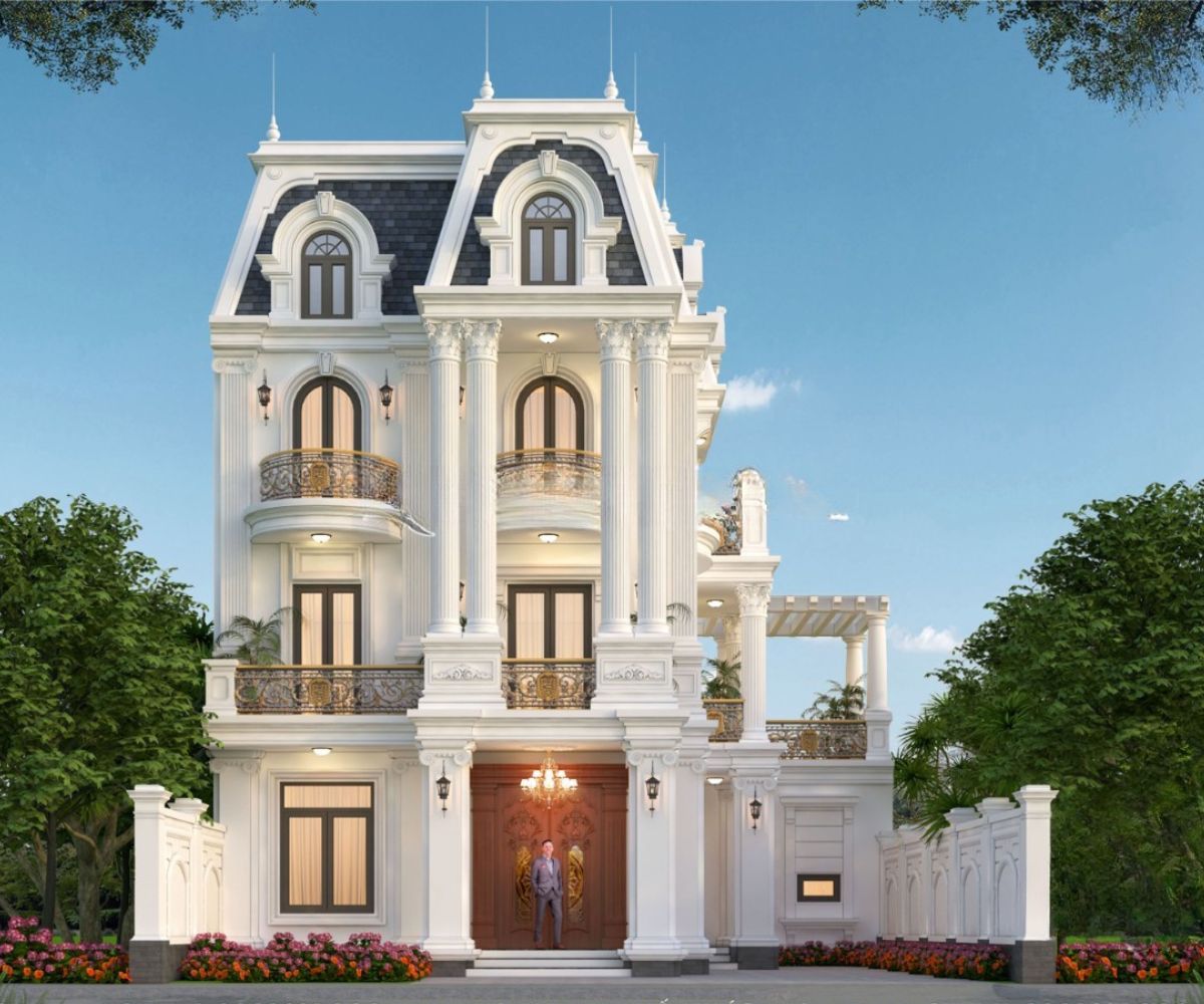 Mẫu Biệt Thự 3 Tầng 8x12m Sang Trọng & Báo Giá Thi Công Trọn Gói 2026 14 Cửa vòm, ban công bán nguyệt và lan can sắt tạo vẻ lãng mạn cho biệt thự 3 tầng 8x12m (Ảnh: Sưu tầm)
