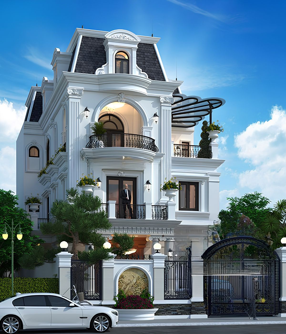 Mẫu Biệt Thự 3 Tầng 8x12m Sang Trọng & Báo Giá Thi Công Trọn Gói 2026 16 Hệ cột, phào chỉ và phù điêu được phân bổ hợp lý trên mặt tiền biệt thự rộng 8m (Ảnh: Sưu tầm)