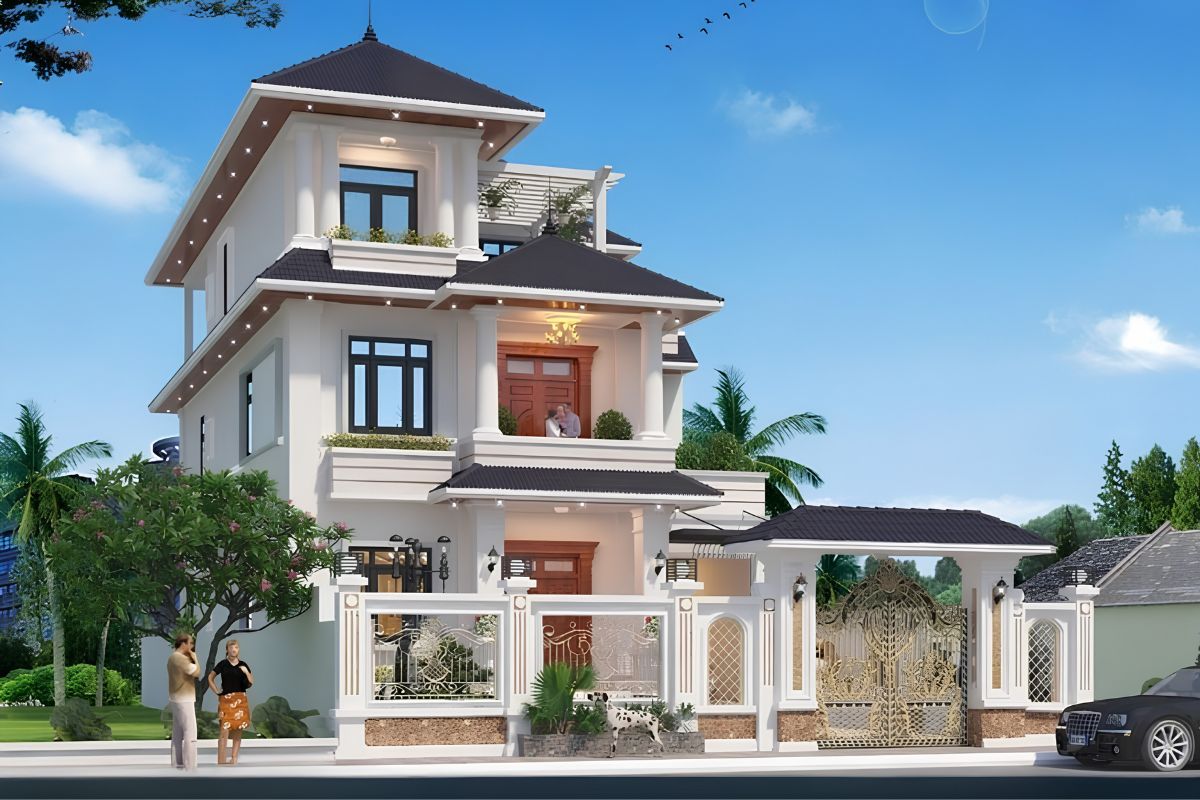 Mẫu Biệt Thự 3 Tầng 8x12m Sang Trọng & Báo Giá Thi Công Trọn Gói 2026 18 Biệt thự 3 tầng 8x12m mái Nhật có độ dốc vừa phải, tạo tổng thể cân đối và thanh thoát (Ảnh: Sưu tầm)