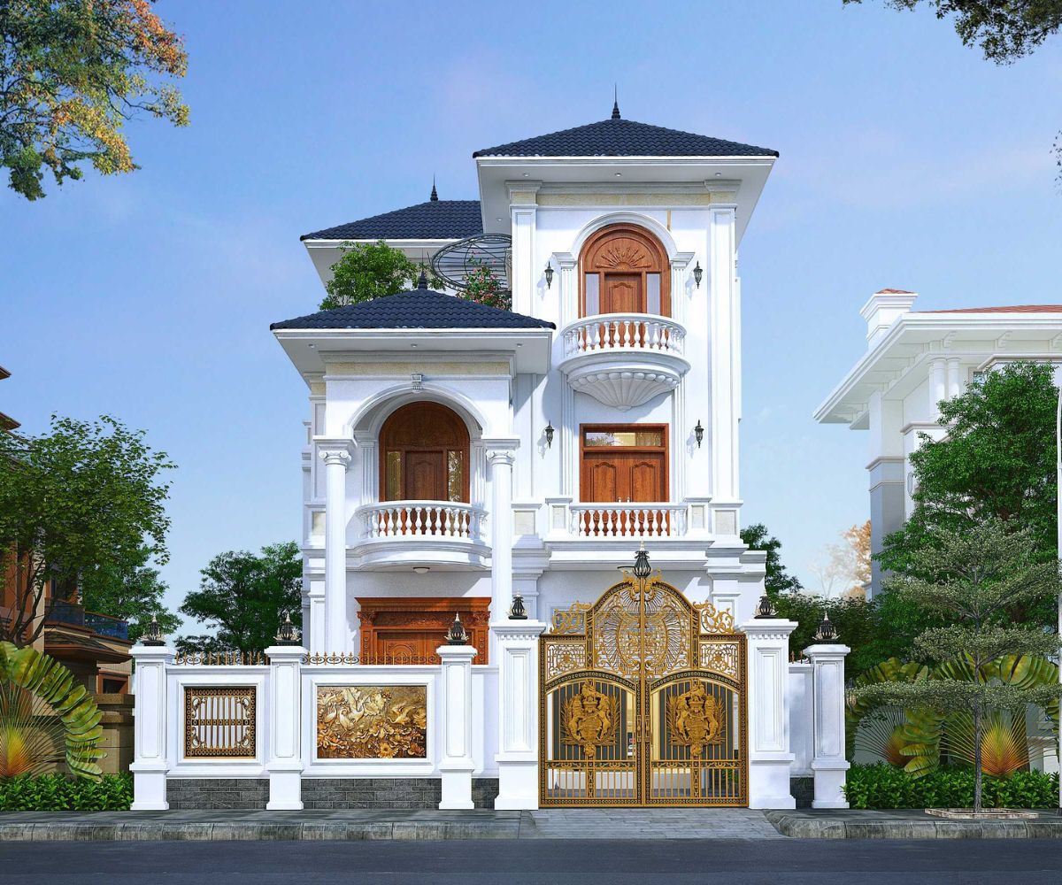 Mẫu Biệt Thự 3 Tầng 8x12m Sang Trọng & Báo Giá Thi Công Trọn Gói 2026 19 Mái ngói xanh than kết hợp tường sáng làm nổi bật vẻ trang nhã của biệt thự 3 tầng 96m² (Ảnh: Sưu tầm)