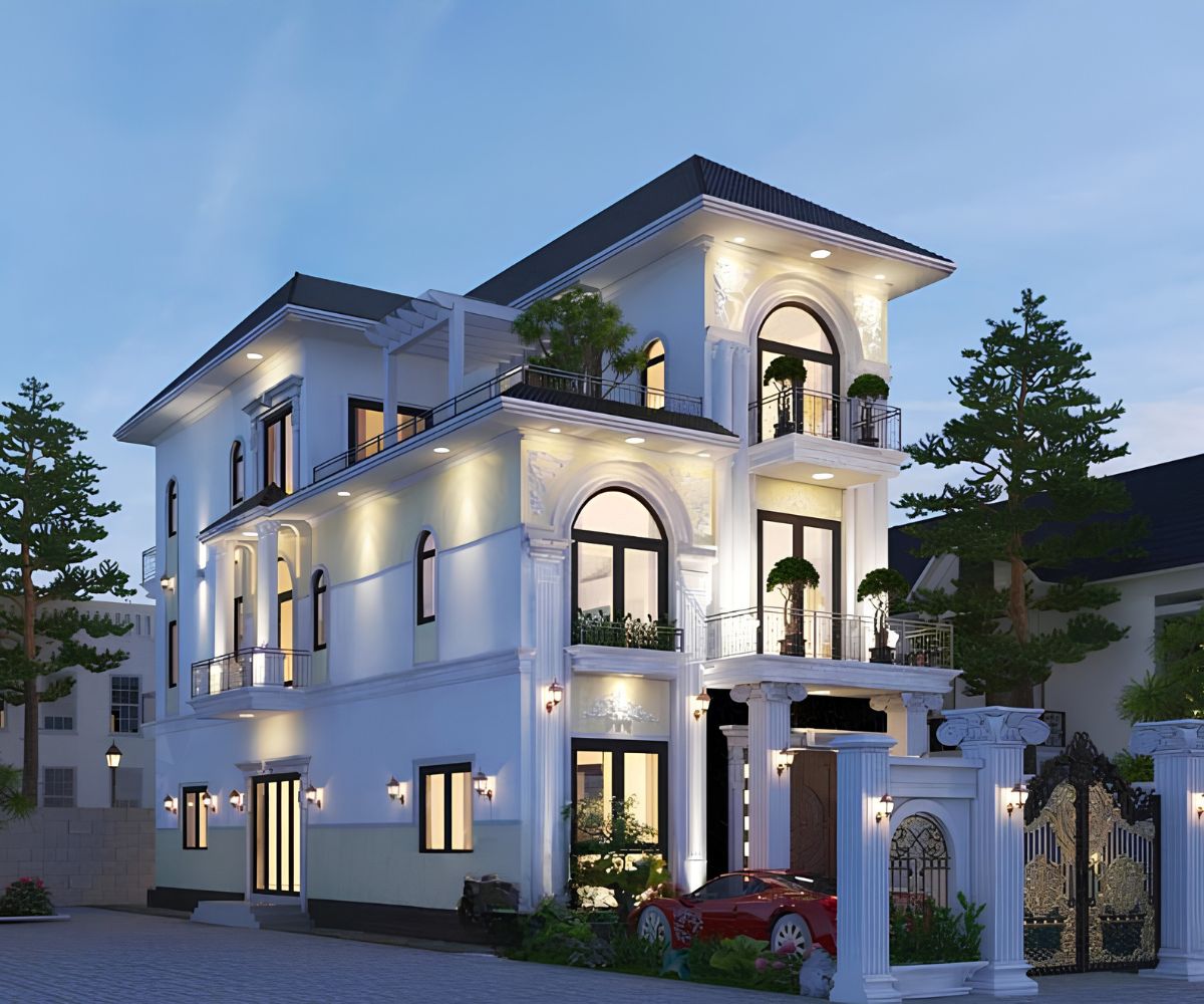 Mẫu Biệt Thự 3 Tầng 8x12m Sang Trọng & Báo Giá Thi Công Trọn Gói 2026 20 Mái Nhật kết hợp cửa kính và đá ốp tạo chiều sâu cho mẫu biệt thự 3 tầng 8x12m (Ảnh: Sưu tầm)