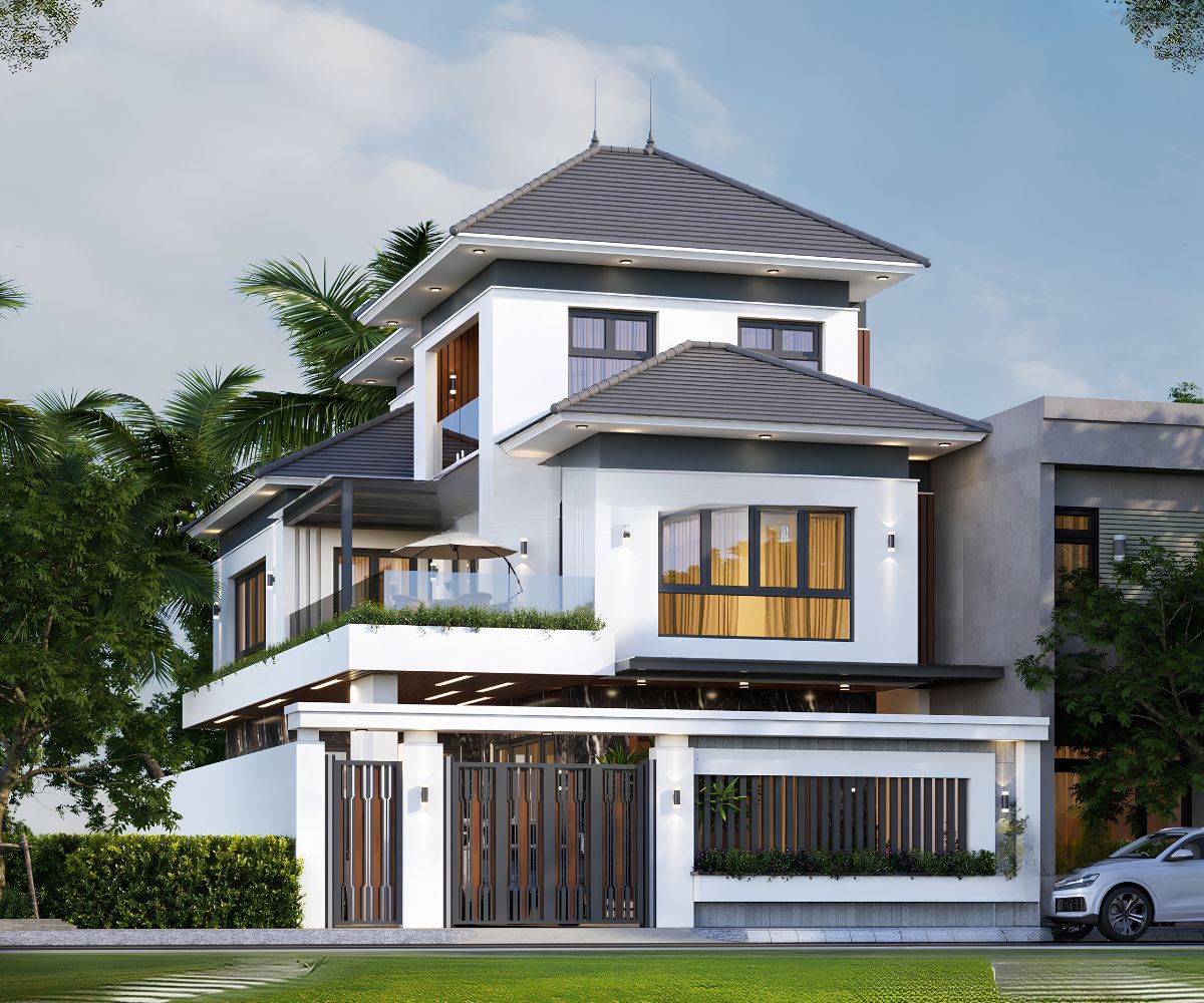 Mẫu Biệt Thự 3 Tầng 8x12m Sang Trọng & Báo Giá Thi Công Trọn Gói 2026 22 Tỷ lệ mái, chiều cao tầng và diềm mái được cân đối để công trình hài hòa từ mọi góc nhìn (Ảnh: Sưu tầm)