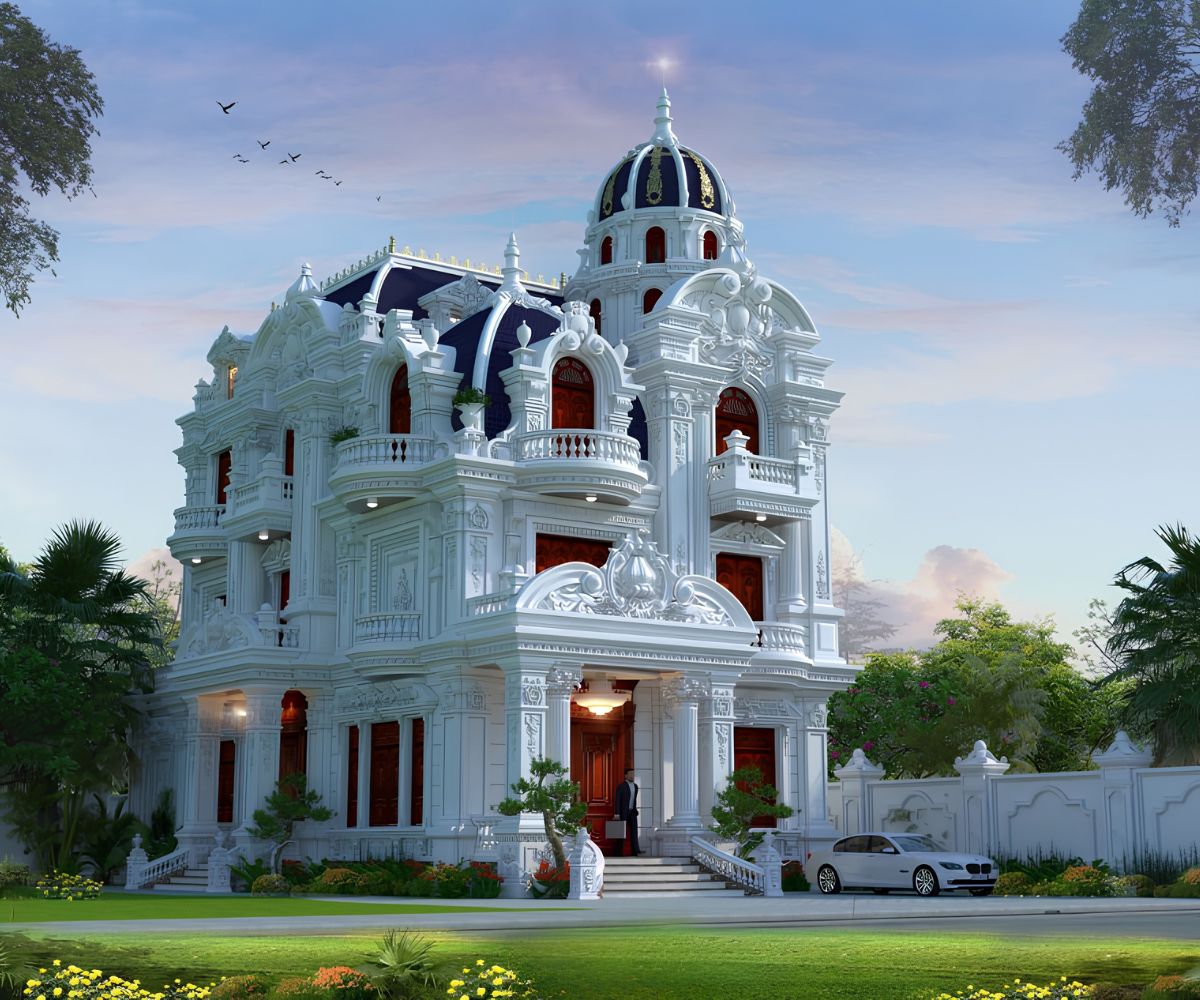 Mẫu Biệt Thự 3 Tầng 8x12m Sang Trọng & Báo Giá Thi Công Trọn Gói 2026 25 Phù điêu, cửa vòm và lan can kim loại tôn lên vẻ sang trọng của biệt thự 3 tầng diện tích 8x12m (Ảnh: Sưu tầm)