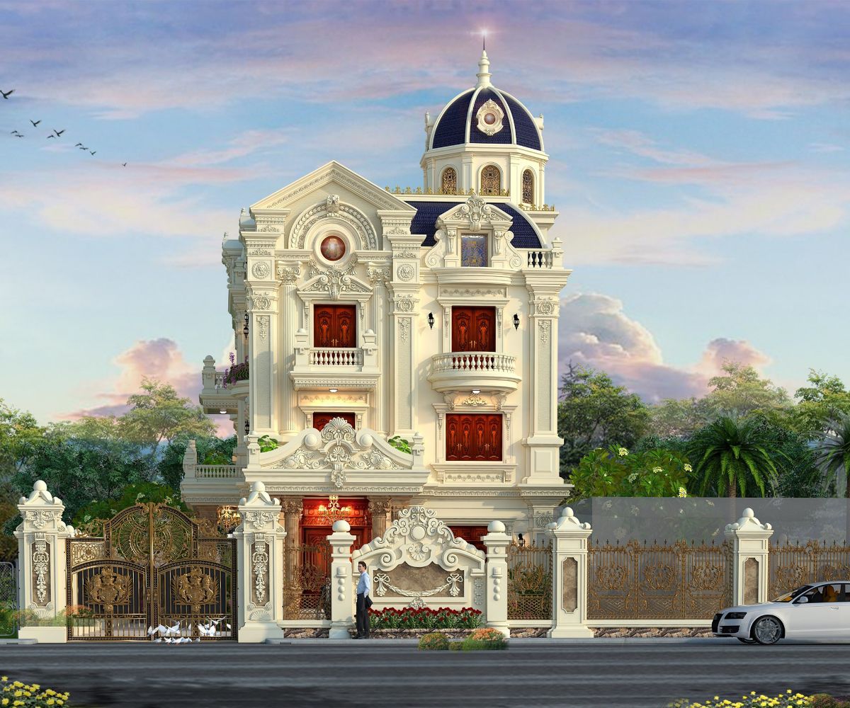 Mẫu Biệt Thự 3 Tầng 8x12m Sang Trọng & Báo Giá Thi Công Trọn Gói 2026 26 Gam trắng kem kết hợp mái tối màu làm nổi bật hình thức kiến trúc cổ điển bề thế (Ảnh: Sưu tầm)