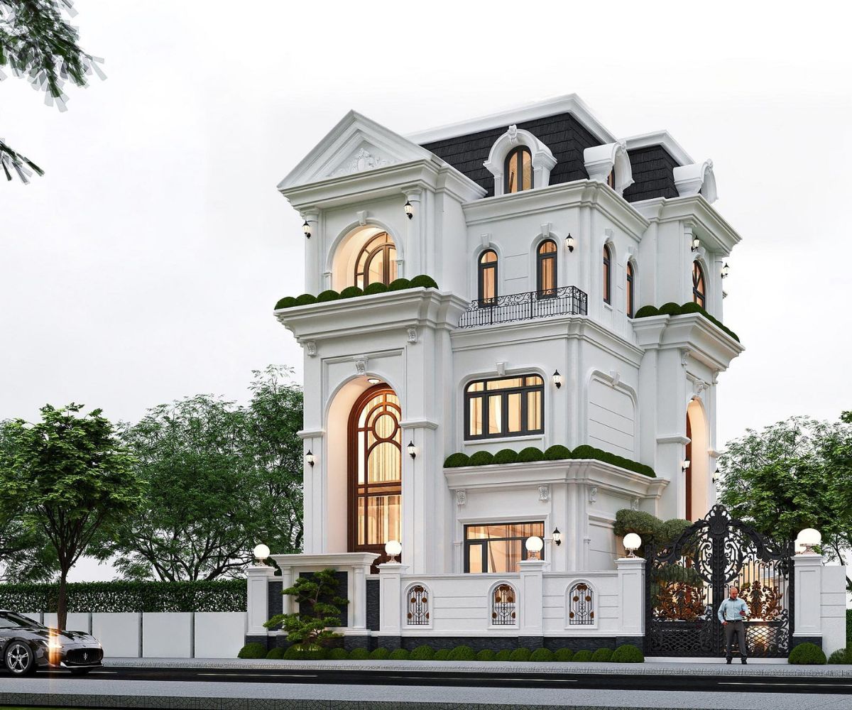 Mẫu Biệt Thự 3 Tầng 8x12m Sang Trọng & Báo Giá Thi Công Trọn Gói 2026 28 Hệ cửa cao và ban công cân đối giúp kéo dài tỷ lệ mặt đứng của biệt thự 3 tầng 96m² (Ảnh: Sưu tầm)