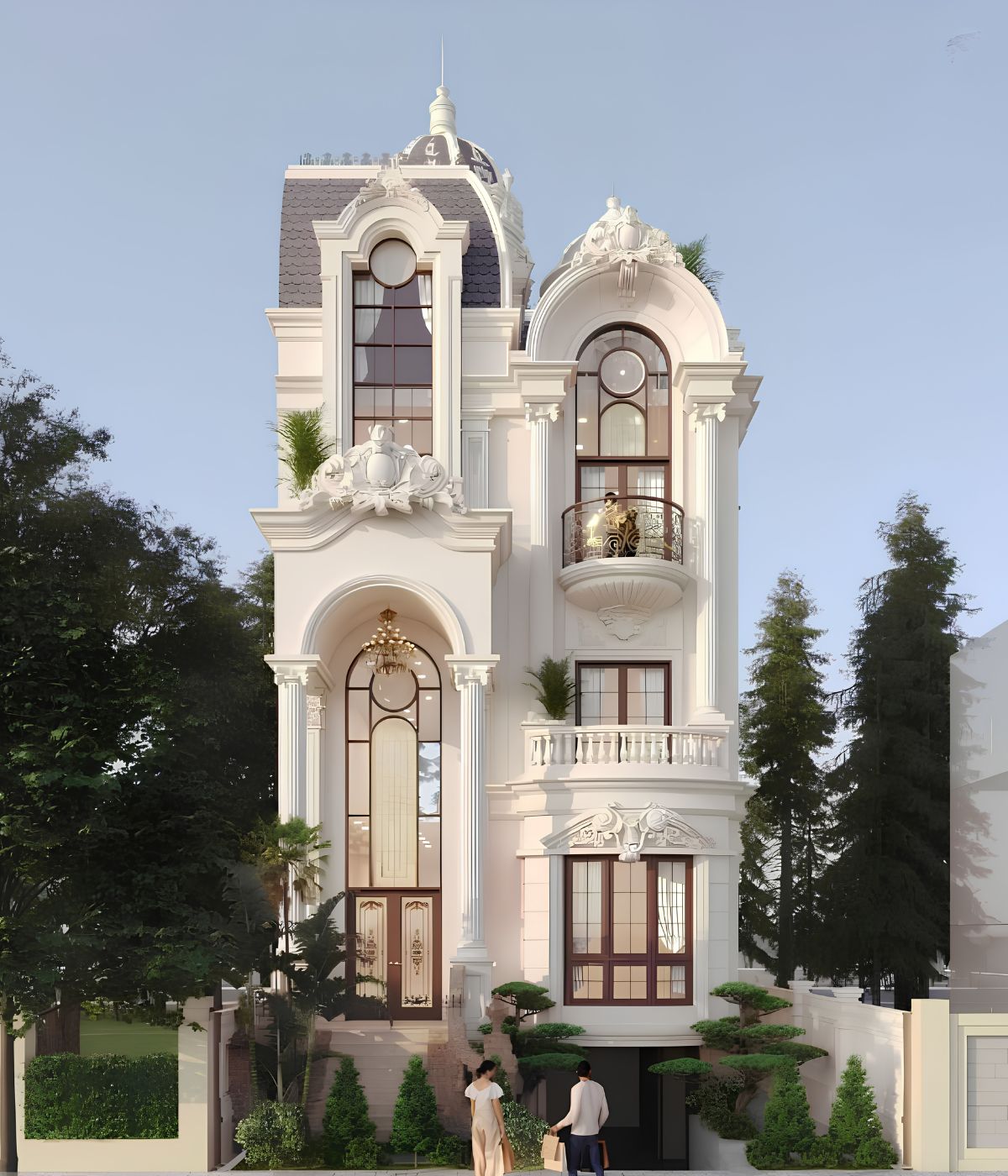 Mẫu Biệt Thự 3 Tầng 8x12m Sang Trọng & Báo Giá Thi Công Trọn Gói 2026 29 Mái Mansard và mái chóp nhỏ tạo điểm nhấn nổi bật cho thiết kế biệt thự 3 tầng 8x12m (Ảnh: Sưu tầm)