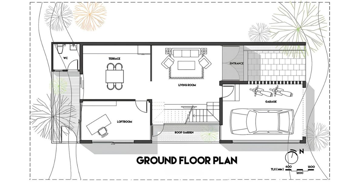 Mẫu Biệt Thự 3 Tầng 8x12m Sang Trọng & Báo Giá Thi Công Trọn Gói 2026 32 Mặt bằng tầng một biệt thự 3 tầng 8x12m gồm gara ô tô, phòng khách và bếp ăn đầy đủ tiện nghi (Ảnh: Sưu tầm)