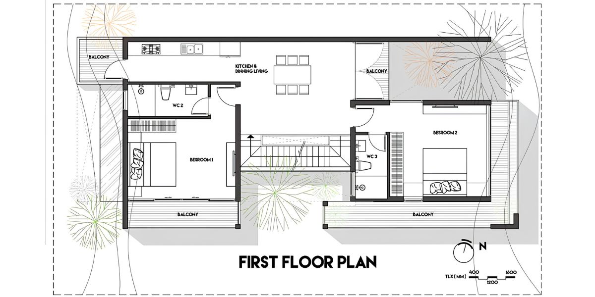 Mẫu Biệt Thự 3 Tầng 8x12m Sang Trọng & Báo Giá Thi Công Trọn Gói 2026 33 Bản vẽ biệt thự 3 tầng 8x12m bố trí tầng hai với phòng ngủ master, phòng trẻ em và sinh hoạt chung (Ảnh: Sưu tầm)