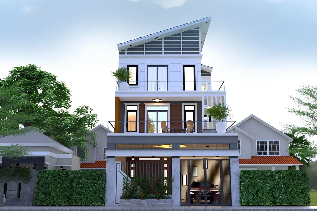 Mẫu biệt thự 3 tầng mái lệch đẹp hiện đại & báo giá thi công 2026 6 Nhà biệt thự 3 tầng mái lệch hiện đại ghi dấu ấn bằng hình khối vuông vức, mảng kính lớn và nhịp mái phá cách (Ảnh: Sưu tầm)