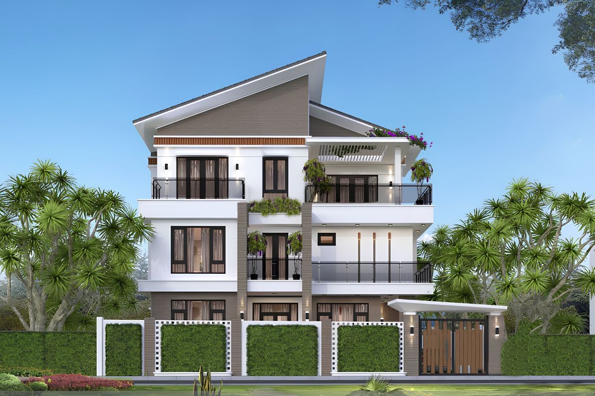 Mẫu biệt thự 3 tầng mái lệch đẹp hiện đại & báo giá thi công 2026 11 Với bố cục nhiều lớp lang, mẫu nhà này phù hợp với gia chủ yêu thích biệt thự 3 tầng hiện đại có dấu ấn riêng (Ảnh: Sưu tầm)