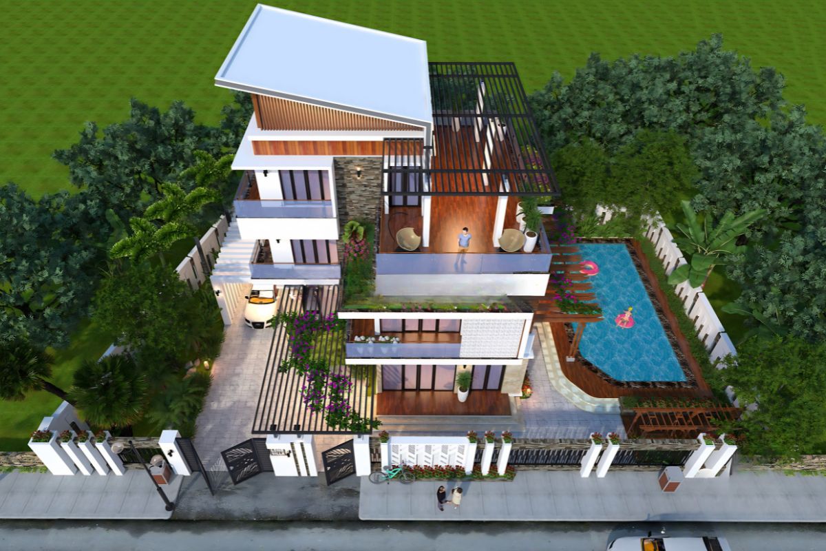 Mẫu biệt thự 3 tầng mái lệch đẹp hiện đại & báo giá thi công 2026 19 Biệt thự 3 tầng có gara kết hợp hồ bơi và mái lệch mang đến cảm giác sang trọng, tiện nghi như một khu nghỉ dưỡng riêng (Ảnh: Sưu tầm)