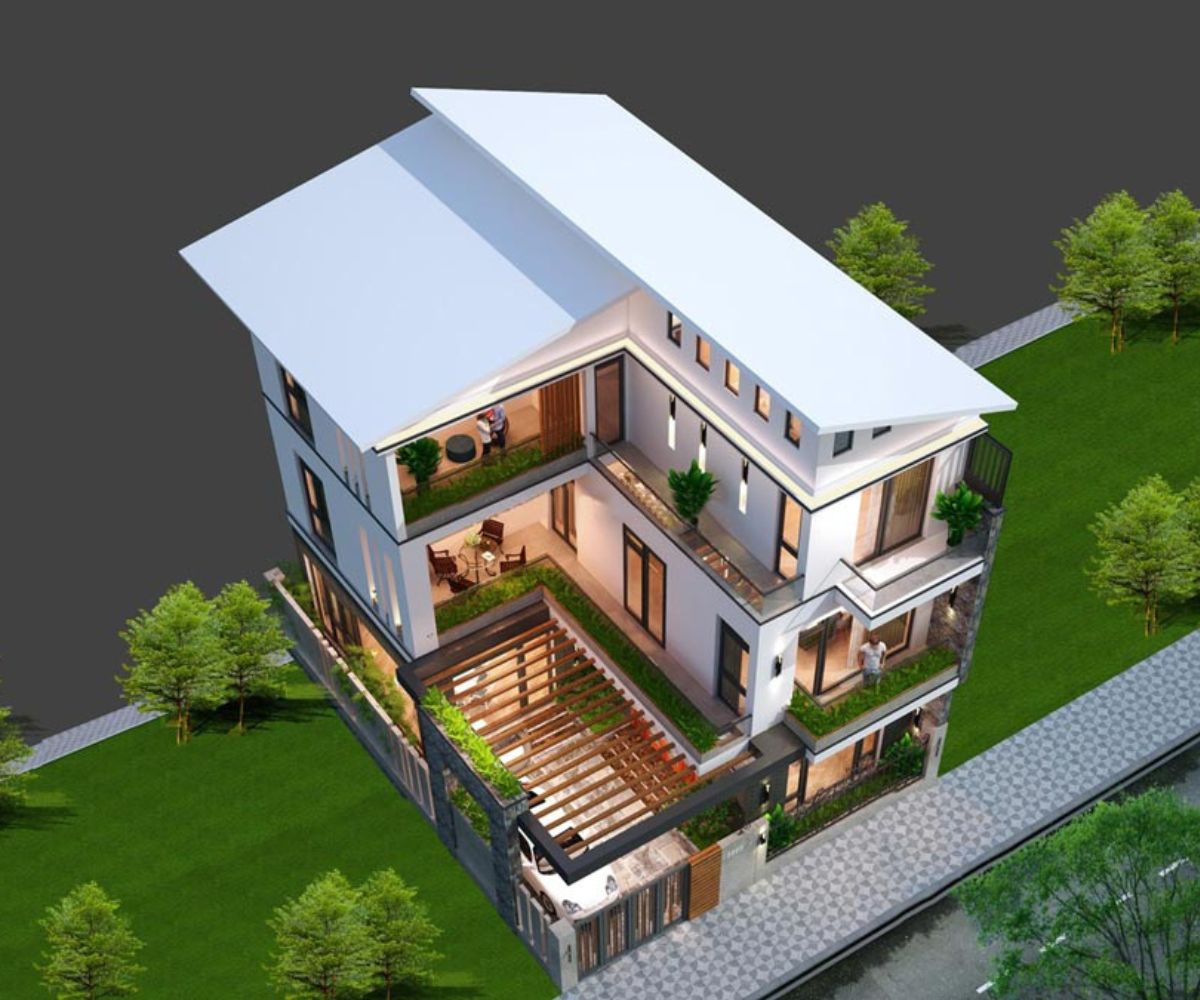 Mẫu biệt thự 3 tầng mái lệch đẹp hiện đại & báo giá thi công 2026 24 Biệt thự 3 tầng mái lệch chữ L giúp tận dụng khu đất hiệu quả, đồng thời tạo khoảng sân trong thoáng mát cho gia đình (Ảnh: Sưu tầm)