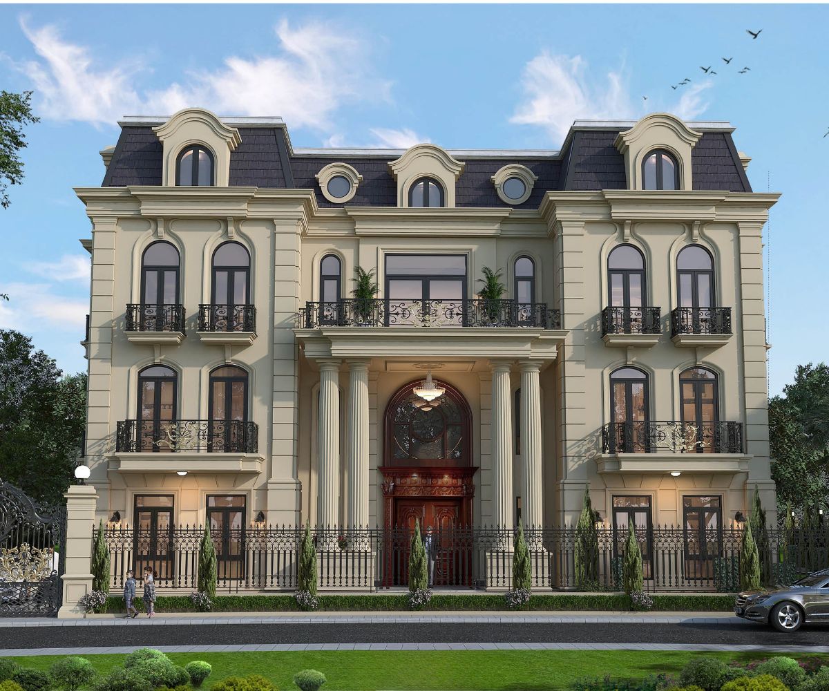 Mẫu Biệt Thự 3 Tầng Mái Mansard Đẳng Cấp, Tráng Lệ 2026 4 Cột Corinth, cửa vòm và phào chỉ tạo chiều sâu cho mặt tiền biệt thự phong cách Pháp (Ảnh: Sưu tầm)