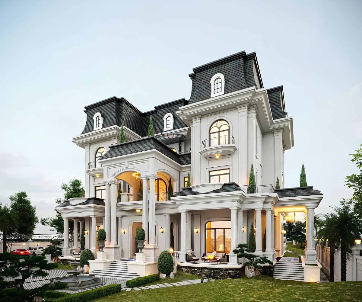 Mẫu Biệt Thự 3 Tầng Mái Mansard Đẳng Cấp, Tráng Lệ 2026 5 Mái xanh than kết hợp mặt tiền trắng kem tôn lên vẻ quyền quý của kiến trúc tân cổ điển (Ảnh: Sưu tầm)