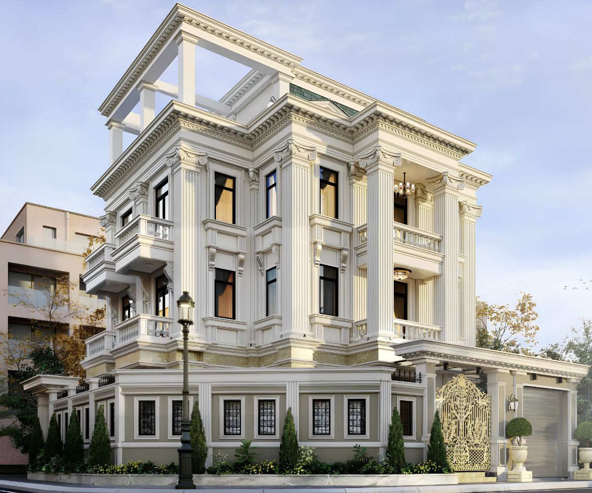Mẫu Biệt Thự 3 Tầng Mái Mansard Đẳng Cấp, Tráng Lệ 2026 7 Kính cường lực, ban công rộng và mái Mansard tạo nên diện mạo sang trọng, thông thoáng (Ảnh: Sưu tầm)