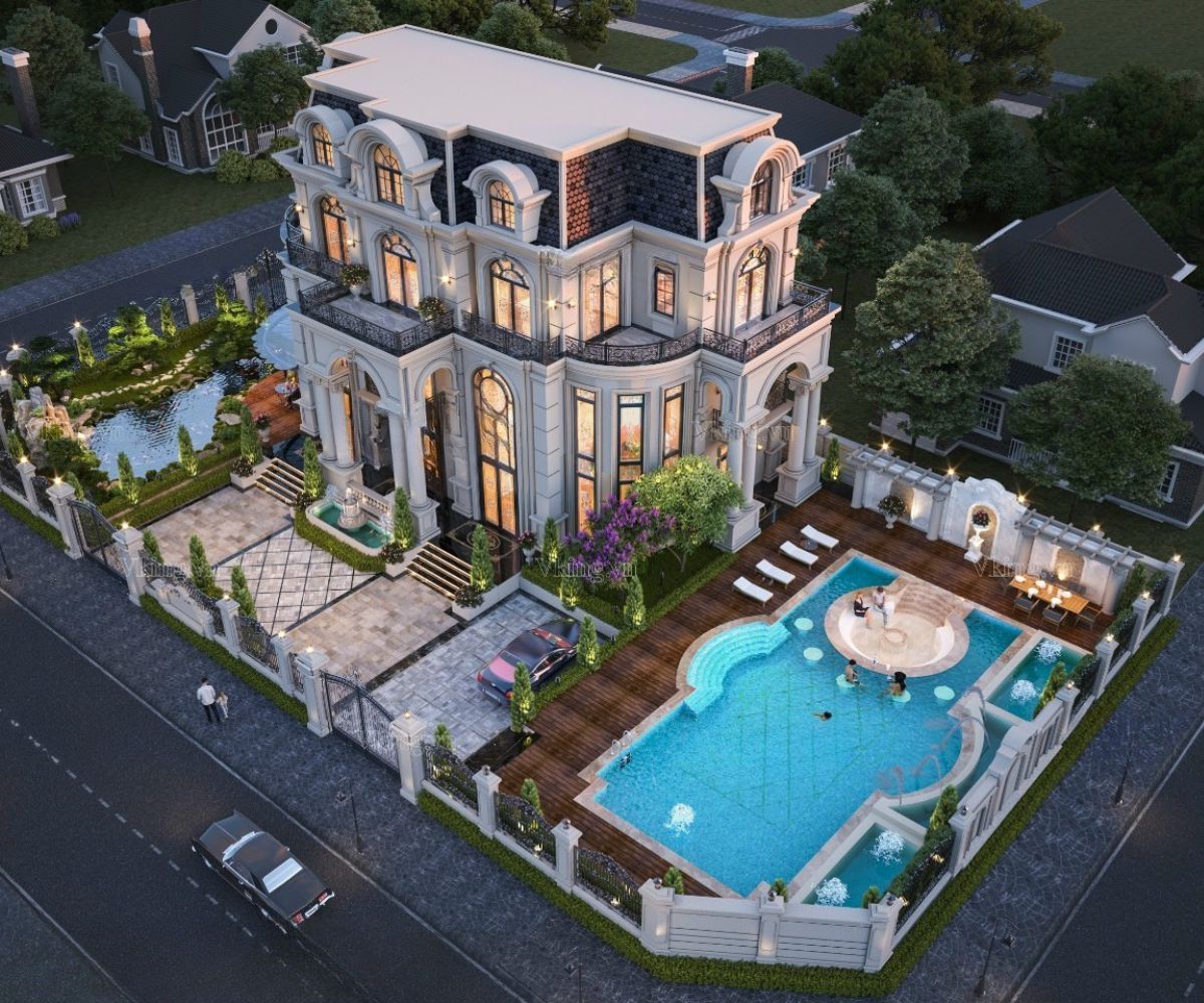 Mẫu Biệt Thự 3 Tầng Mái Mansard Đẳng Cấp, Tráng Lệ 2026 9 Biệt thự 3 tầng mái Mansard có hồ bơi cân bằng hình khối bề thế bằng khoảng nước thư giãn (Ảnh: Sưu tầm)