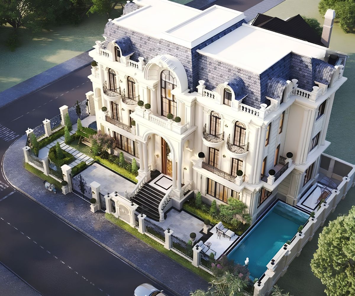 Mẫu Biệt Thự 3 Tầng Mái Mansard Đẳng Cấp, Tráng Lệ 2026 10 Hồ bơi bên hông tạo sự riêng tư và kết nối hài hòa với không gian biệt thự sân vườn (Ảnh: Sưu tầm)