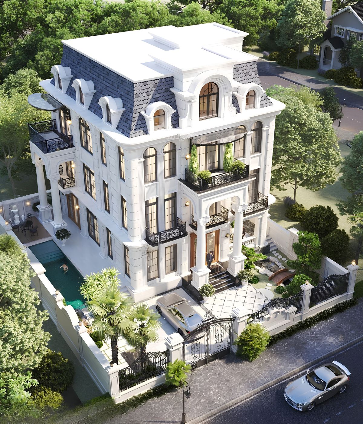 Mẫu Biệt Thự 3 Tầng Mái Mansard Đẳng Cấp, Tráng Lệ 2026 11 Cây xanh, đá lát và ánh sáng ngoại thất hoàn thiện vẻ đẹp nghỉ dưỡng của biệt thự mái Mansard (Ảnh: Sưu tầm)