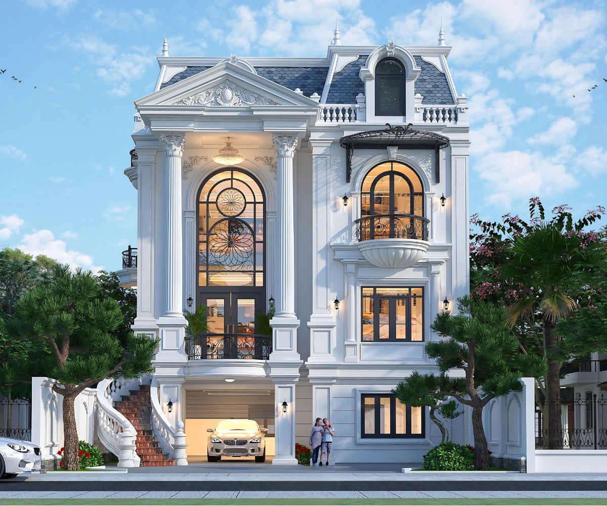 Mẫu Biệt Thự 3 Tầng Mái Mansard Đẳng Cấp, Tráng Lệ 2026 12 Biệt thự mái Mansard có gara đáp ứng thuận tiện nhu cầu đỗ xe của gia đình nhiều thế hệ (Ảnh: Sưu tầm)