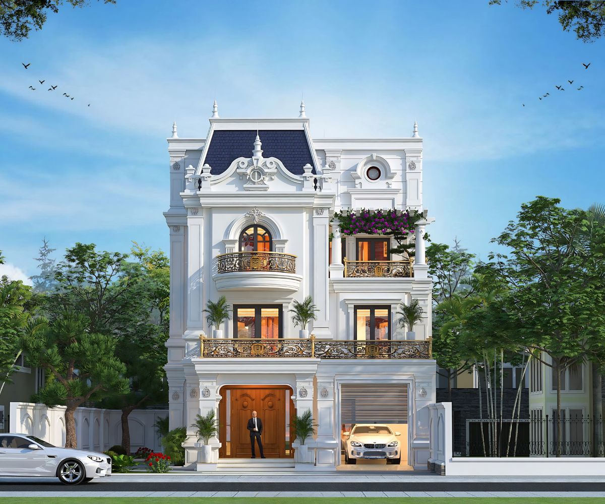 Mẫu Biệt Thự 3 Tầng Mái Mansard Đẳng Cấp, Tráng Lệ 2026 14 Gara đồng bộ vật liệu và tỷ lệ giúp bảo toàn vẻ đẹp của mặt tiền biệt thự 3 tầng (Ảnh: Sưu tầm)