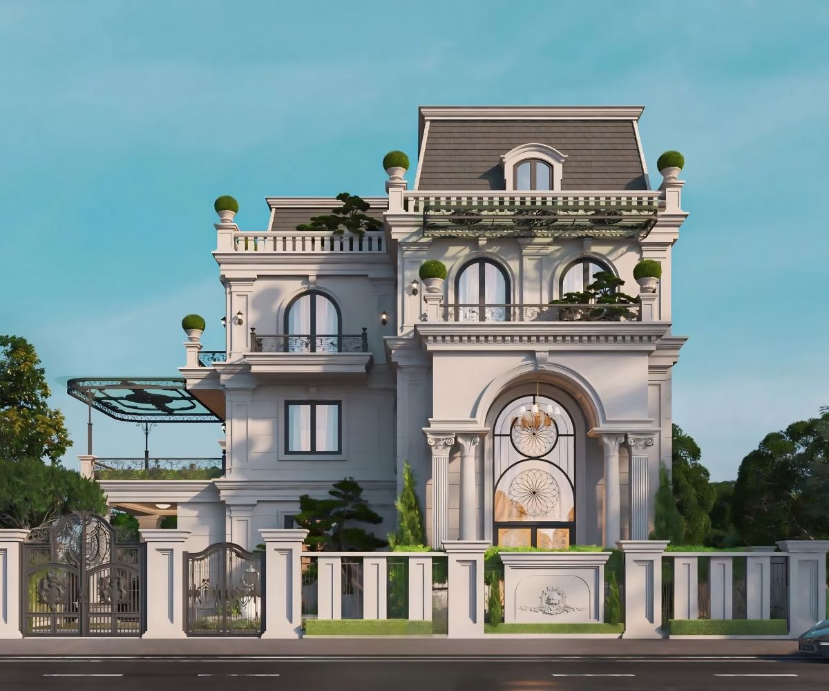 Mẫu Biệt Thự 3 Tầng Mái Mansard Đẳng Cấp, Tráng Lệ 2026 15 Mẫu biệt thự 3 tầng mái Mansard 10x20m tận dụng chiều sâu để tạo sân đón rộng rãi (Ảnh: Sưu tầm)