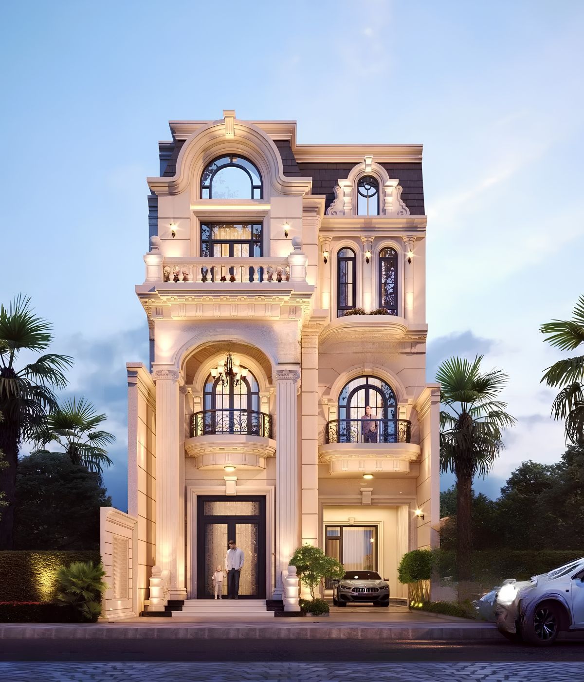 Mẫu Biệt Thự 3 Tầng Mái Mansard Đẳng Cấp, Tráng Lệ 2026 16 Bố cục ba gian giúp mặt tiền biệt thự 10m giữ được vẻ cân đối và trang trọng (Ảnh: Sưu tầm)