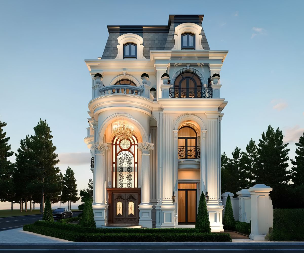 Mẫu Biệt Thự 3 Tầng Mái Mansard Đẳng Cấp, Tráng Lệ 2026 17 Biệt thự 3 tầng mái Mansard 8x18m cần tiết chế phào chỉ để giữ hình khối thanh thoát (Ảnh: Sưu tầm)