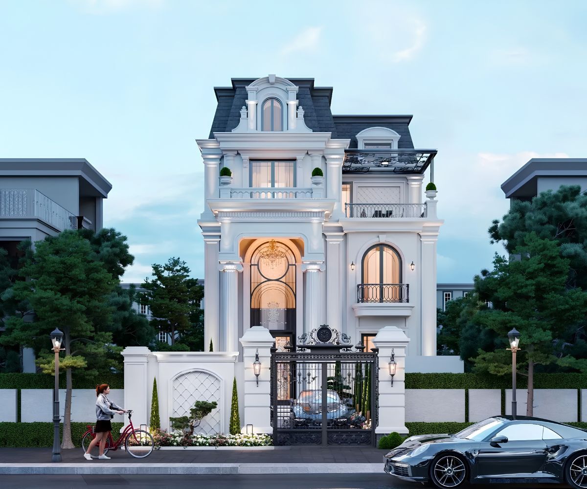 Mẫu Biệt Thự 3 Tầng Mái Mansard Đẳng Cấp, Tráng Lệ 2026 18 Cửa vòm cao và ban công thanh mảnh giúp phối cảnh biệt thự trở nên cao ráo hơn (Ảnh: Sưu tầm)