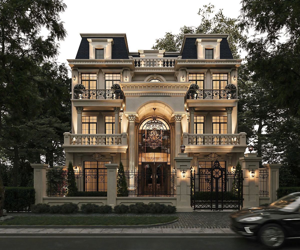 Mẫu Biệt Thự 3 Tầng Mái Mansard Đẳng Cấp, Tráng Lệ 2026 20 Biệt thự 3 tầng mái Mansard mặt tiền 11m thuận lợi bố trí hệ cột đôi và sảnh trung tâm (Ảnh: Sưu tầm)