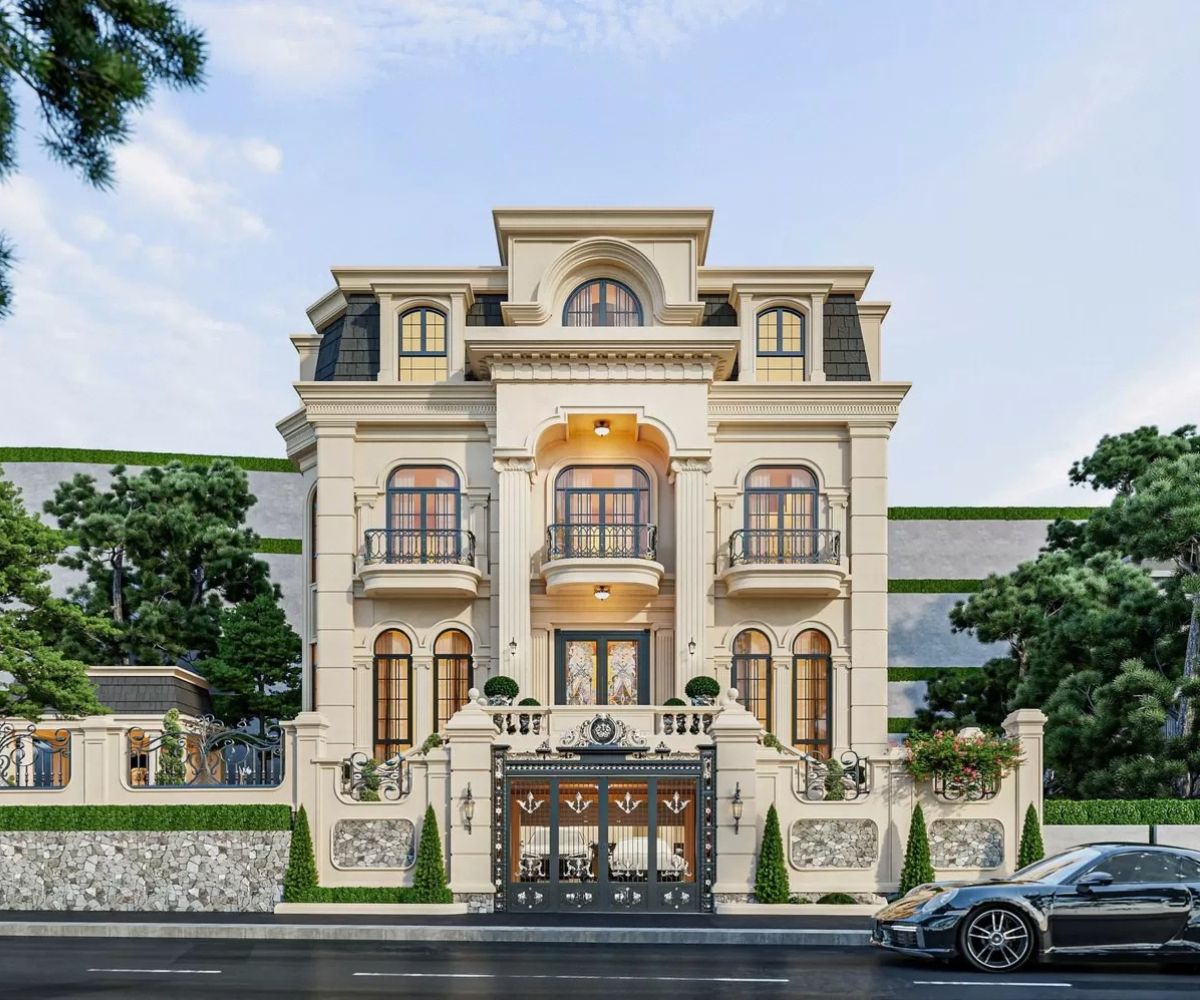 Mẫu Biệt Thự 3 Tầng Mái Mansard Đẳng Cấp, Tráng Lệ 2026 21 Bố cục ba gian cùng hệ mái đồng trục tạo nên mặt tiền biệt thự cân xứng, liền mạch (Ảnh: Sưu tầm)
