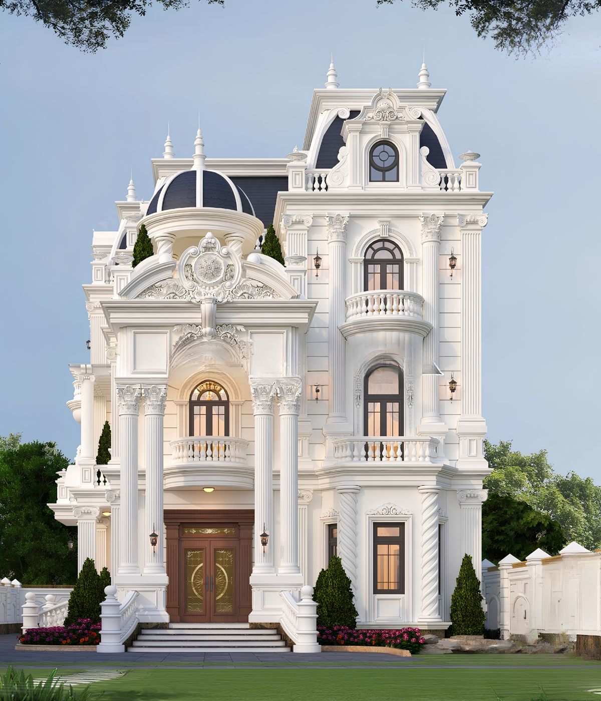 Mẫu Biệt Thự 3 Tầng Mái Mansard Đẳng Cấp, Tráng Lệ 2026 22 Khuôn viên rộng cho phép kết hợp biệt thự sân vườn, gara và hồ bơi tiện nghi (Ảnh: Sưu tầm)