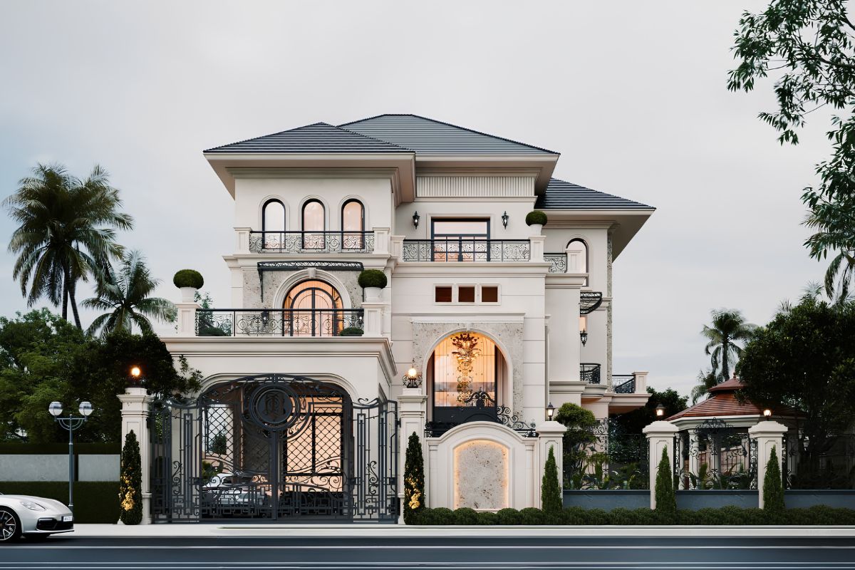 Mẫu biệt thự 3 tầng mái ngói mang vẻ đẹp Pháp lãng mạn qua cửa vòm, ban công sắt nghệ thuật và hệ mái nhiều lớp  (Ảnh: Sưu tầm)