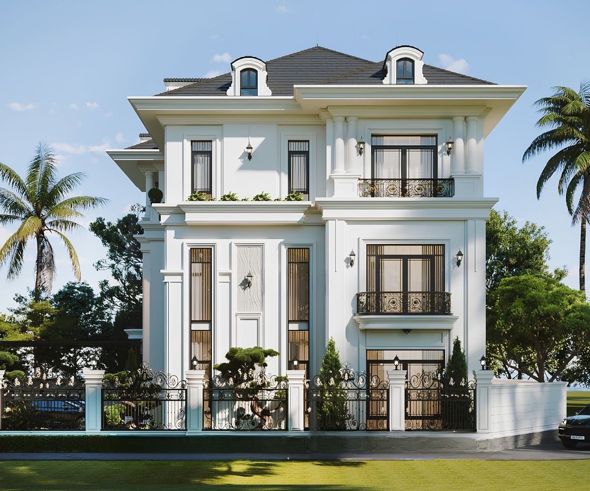 Thiết kế biệt thự 3 tầng mái ngói tân cổ điển sử dụng phào chỉ nhẹ nhàng để tạo điểm nhấn và nhịp điệu cho mặt tiền (Ảnh: Sưu tầm)Thiết kế biệt thự 3 tầng mái ngói tân cổ điển sử dụng phào chỉ nhẹ nhàng để tạo điểm nhấn và nhịp điệu cho mặt tiền (Ảnh: Sưu tầm)