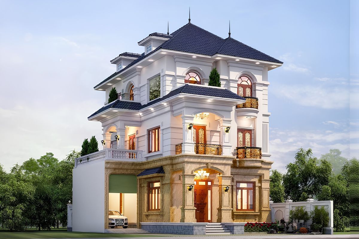 Biệt thự 3 tầng mái ngói tân cổ điển phù hợp khu đất rộng, có khoảng lùi giúp tôn trọn vẻ đẹp kiến trúc  (Ảnh: Sưu tầm)