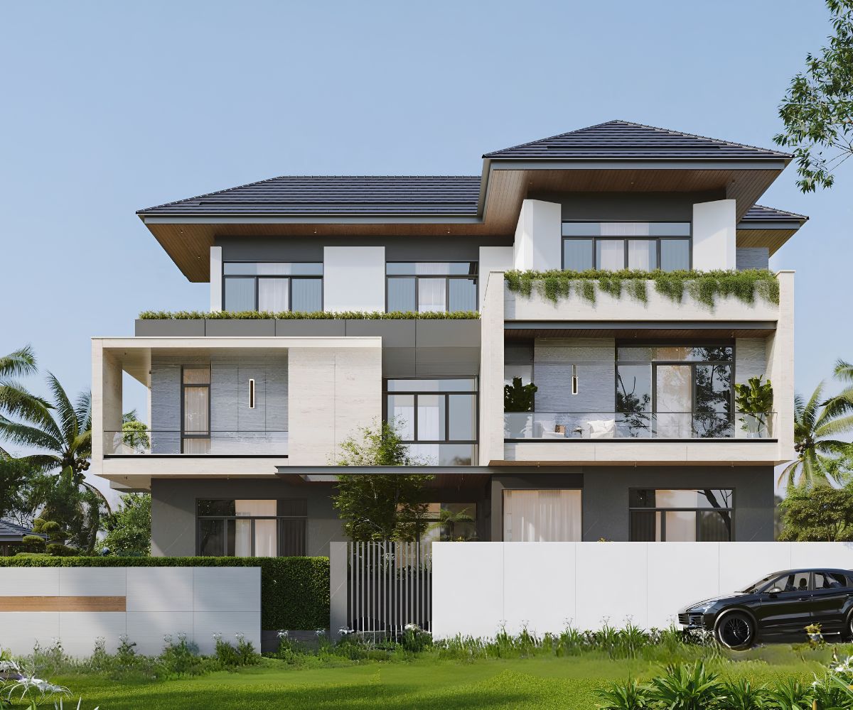 Hệ mái Nhật thấp tạo vẻ thanh thoát cho biệt thự 3 tầng mái ngói hiện đại kết hợp cây xanh và đá tự nhiên  (Ảnh: Sưu tầm)