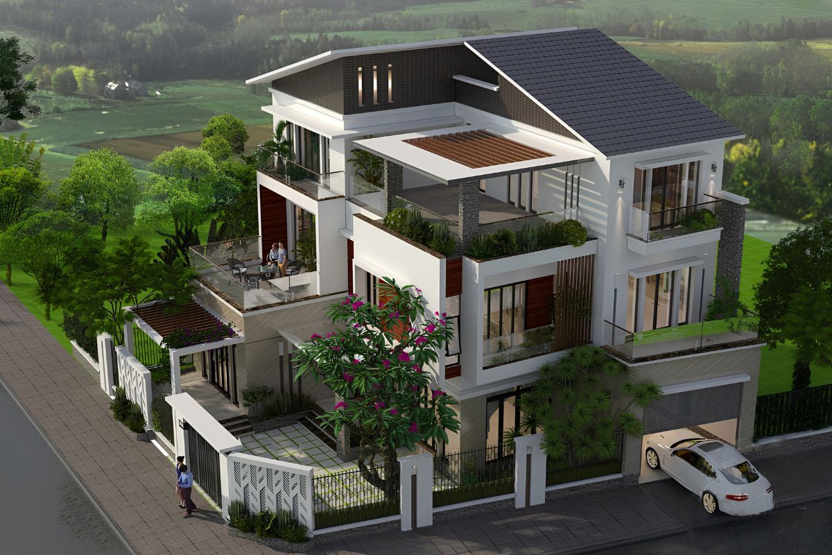 Hai mặt đứng của nhà biệt thự 3 tầng mái ngói được thiết kế đồng bộ về vật liệu, màu sắc và hình thức mái  (Ảnh: Sưu tầm)