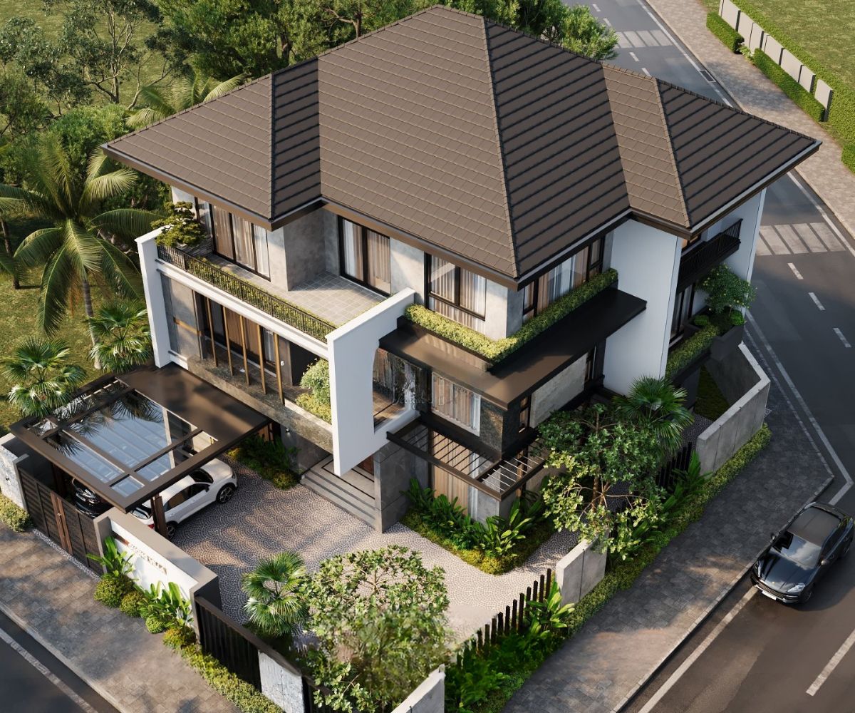 Hệ mái dốc nhiều hướng tạo sự cân bằng cho biệt thự 3 tầng mái ngói khi quan sát từ các tuyến đường khác nhau  (Ảnh: Sưu tầm)