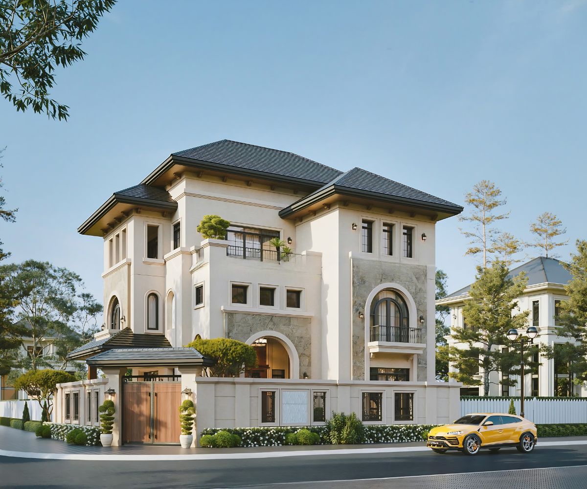 Biệt thự 3 tầng mái ngói có gara bố trí lối xe từ mặt đường phụ, giữ vẻ trang trọng cho sảnh chính (Ảnh: Sưu tầm)