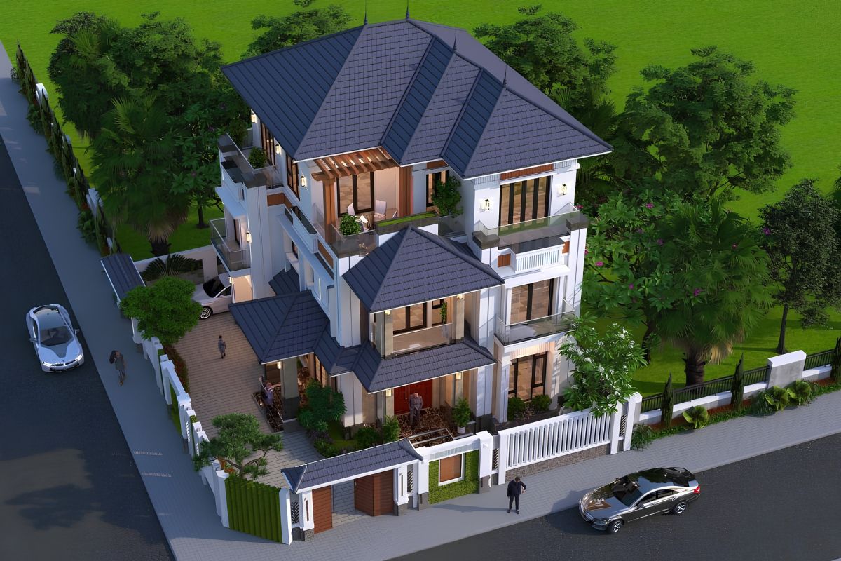 Hàng rào thoáng và cảnh quan liên tục giúp mẫu biệt thự 3 tầng mái ngói 2 mặt tiền vừa nổi bật vừa riêng tư  (Ảnh: Sưu tầm)