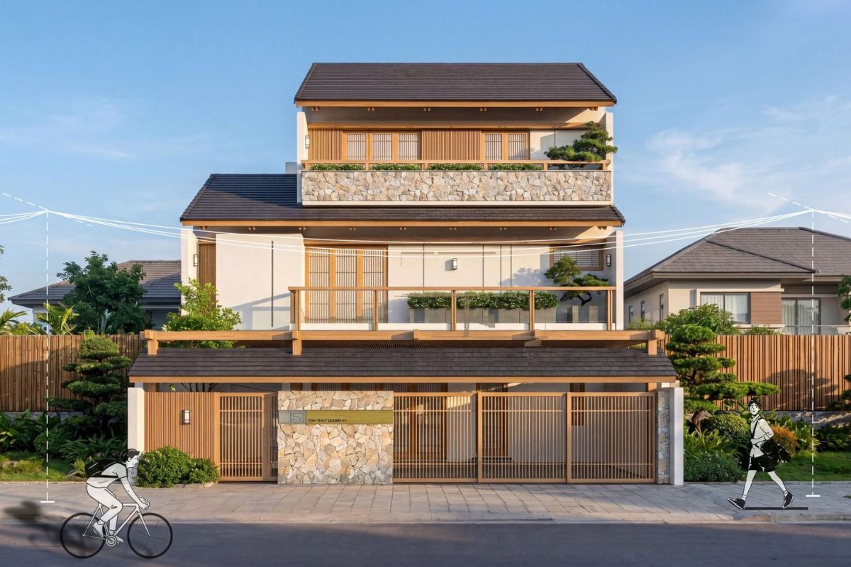 Biệt thự 3 tầng mái ngói Nhật nổi bật với độ dốc vừa phải, mái vươn rộng và đường diềm ngang thanh thoát  (Ảnh: Sưu tầm)