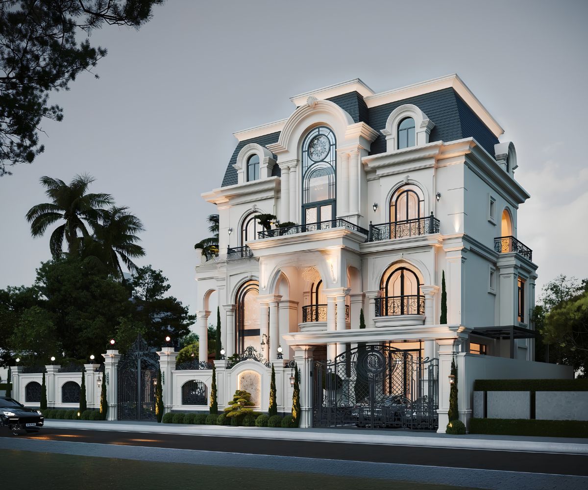 Biệt thự 3 tầng mái ngói Mansard phù hợp khu đất mặt tiền rộng, có sân trước sâu và không gian quan sát thoáng đãng (Ảnh: Sưu tầm)