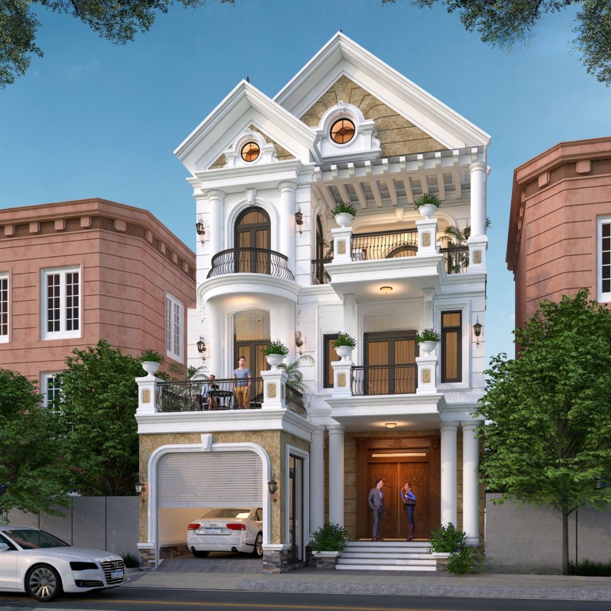 Mẫu biệt thự 3 tầng mặt tiền 10m đẹp nhất 2026: Báo giá & bản vẽ chi tiết 9 Hệ cột, vòm cửa và ban công nghệ thuật giúp biệt thự 3 tầng tân cổ điển thể hiện rõ dấu ấn bề thế trên mặt tiền 10m (Ảnh: Sưu tầm)