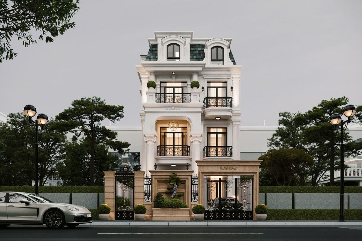 Mẫu biệt thự 3 tầng mặt tiền 10m đẹp nhất 2026: Báo giá & bản vẽ chi tiết 11 Mái Mansard hoặc mái Thái giúp biệt thự 3 tầng tân cổ điển tăng thêm chiều sâu thẩm mỹ và cảm giác uy nghi cho tổng thể công trình (Ảnh: Sưu tầm)