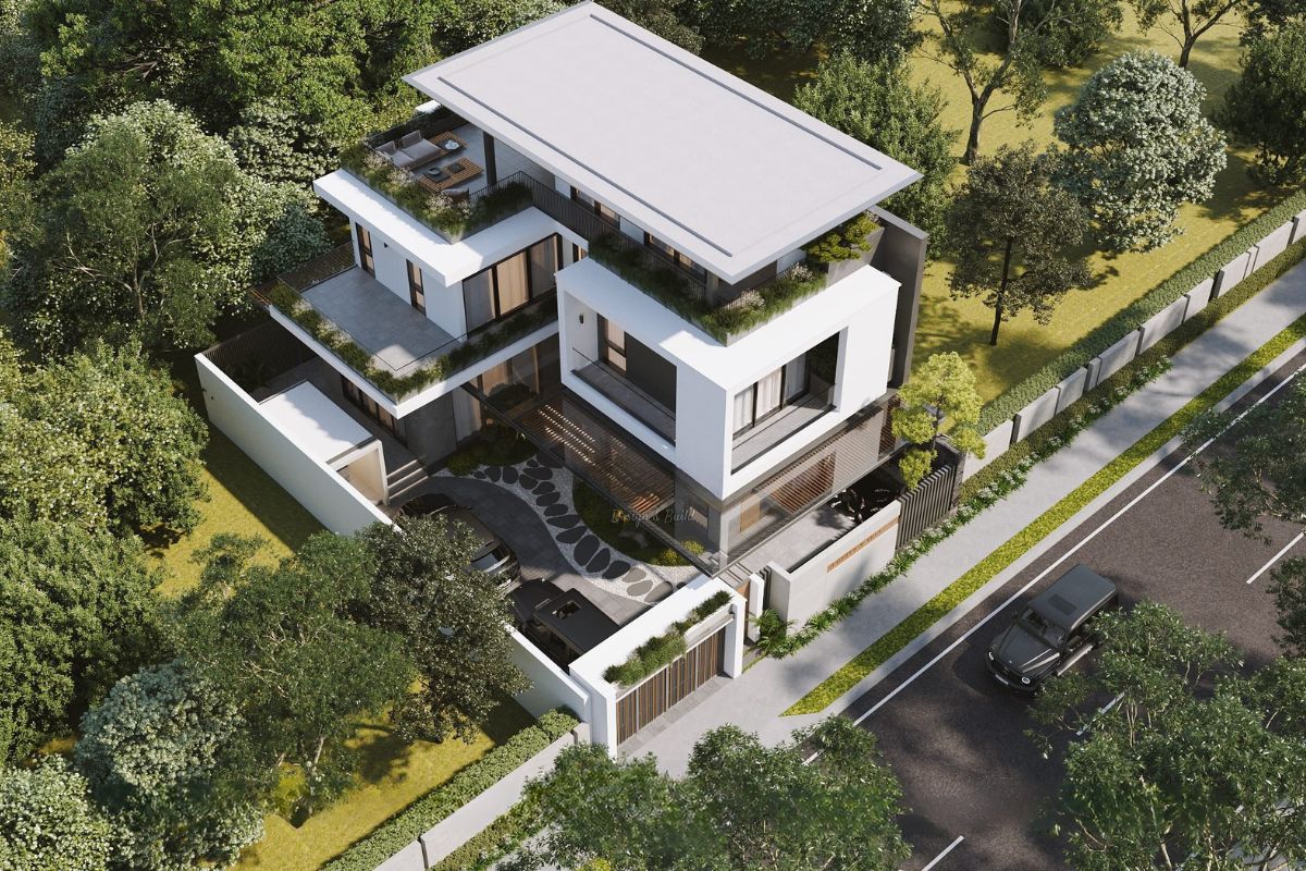 Mẫu biệt thự 3 tầng mặt tiền 10m đẹp nhất 2026: Báo giá & bản vẽ chi tiết 15 Với biệt thự mặt tiền 10m, kiến trúc sư có thể bố trí vườn trước, vườn bên hoặc sân sau để tăng sự kết nối với thiên nhiên (Ảnh: Sưu tầm)
