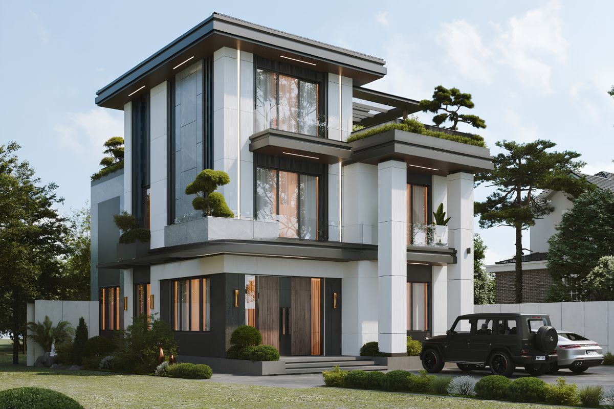Mẫu biệt thự 3 tầng mặt tiền 10m đẹp nhất 2026: Báo giá & bản vẽ chi tiết 16 Phòng khách, bếp ăn và phòng ngủ mở về phía mảng xanh giúp biệt thự 3 tầng ngang 10m trở nên dễ chịu, thư thái hơn (Ảnh: Sưu tầm)