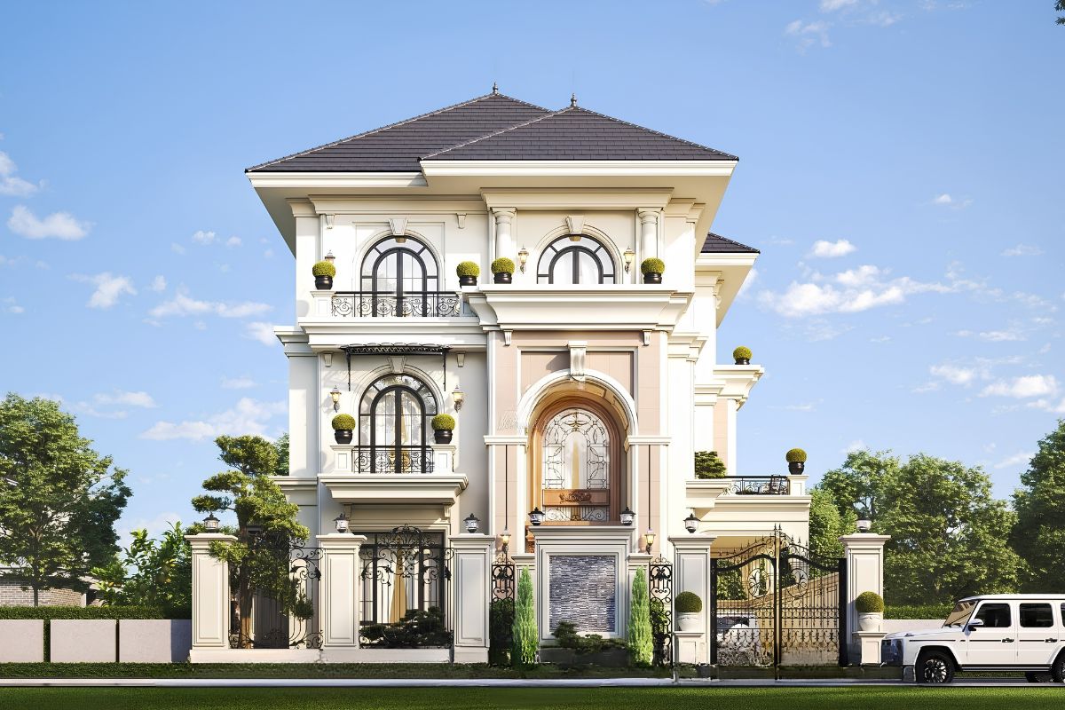 Mẫu biệt thự 3 tầng mặt tiền 10m đẹp nhất 2026: Báo giá & bản vẽ chi tiết 25 Khi kết hợp với mặt tiền 10m, các lớp mái Nhật giúp nhà biệt thự 3 tầng mặt tiền 10m thêm rõ tỷ lệ và chiều sâu kiến trúc (Ảnh: Sưu tầm)