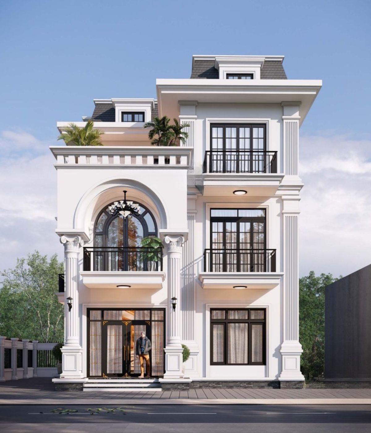 Mẫu biệt thự 3 tầng mặt tiền 10m đẹp nhất 2026: Báo giá & bản vẽ chi tiết 29 Mặt tiền 10m giúp công trình có độ nhận diện tốt, vừa phục vụ kinh doanh vừa giữ được vẻ sang trọng của không gian sống cao cấp (Ảnh: Sưu tầm)