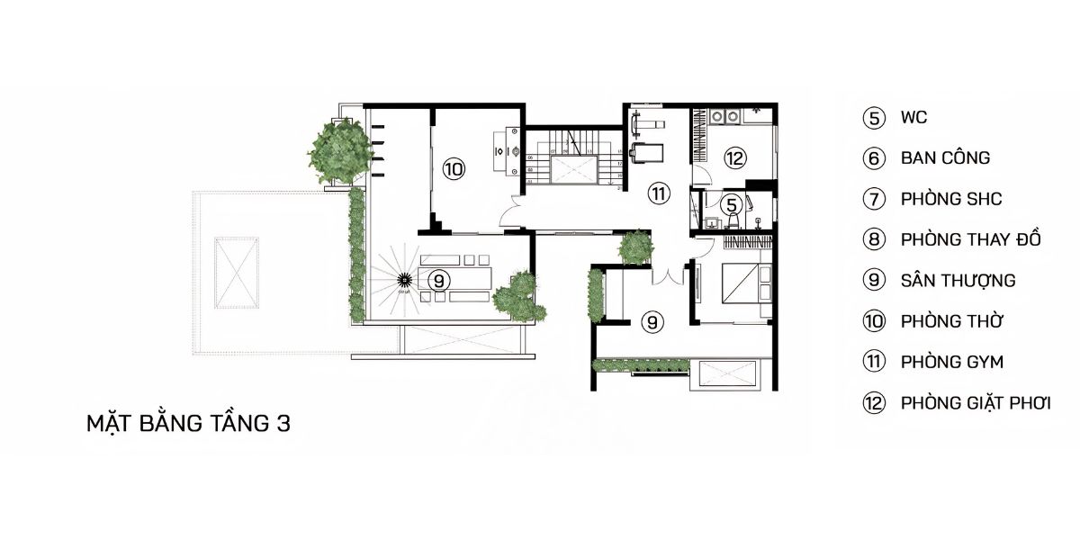 Mẫu biệt thự 3 tầng mặt tiền 10m đẹp nhất 2026: Báo giá & bản vẽ chi tiết 35 Tầng 3 của biệt thự 3 tầng mặt tiền 10m có thể bố trí phòng thờ, phòng gym, sân chơi, sân phơi hoặc phòng ngủ phụ tùy nhu cầu gia đình (Ảnh: Sưu tầm)
